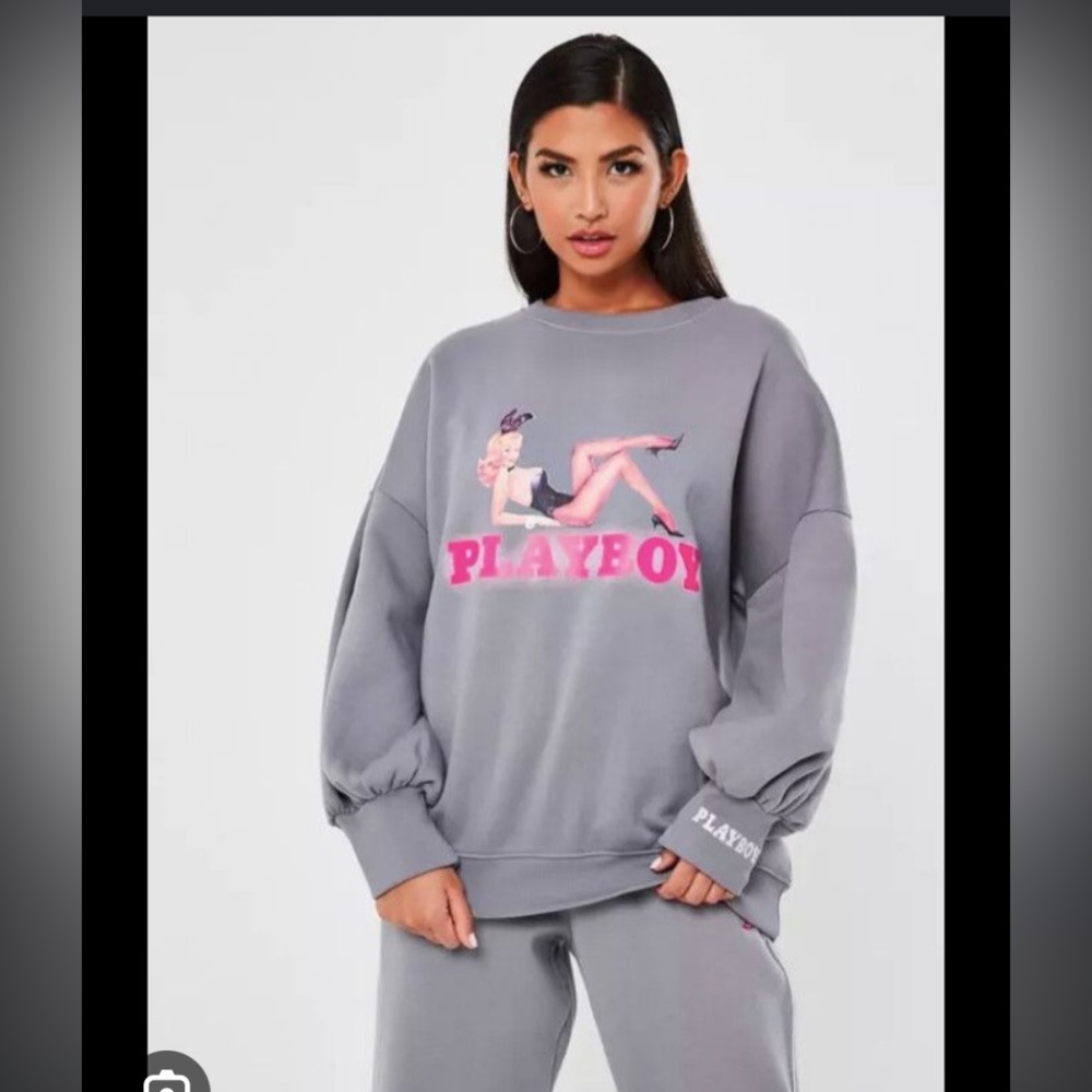 Missguided playboy grey logo print balloon drop sleeve sweatshirt oversized